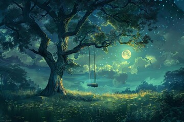 enchanting moonlit landscape with solitary swing hanging from towering tree in lush meadow digital painting - obrazy, fototapety, plakaty