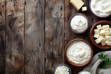 Fototapeta na wymiar Various dairy products on a wooden table viewed from above with empty space Sour cream milk cheese yogurt and butter