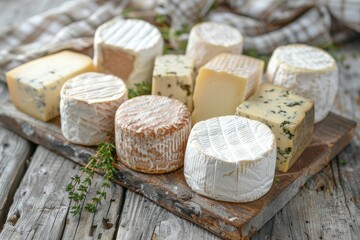 Various goat cheeses on wooden boards on a farm