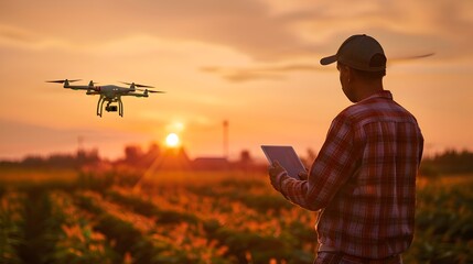 Farmer Navigates Drone Through Field,Tablet Displays Real-Time Crop Health Analysis Powered by