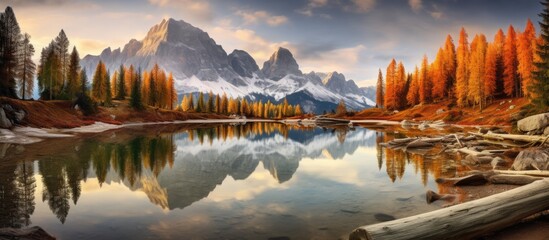 Autumn mountains reflected in lake amidst trees and rocks