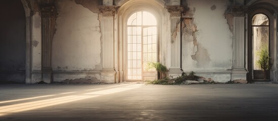 Old Manor Room with Door and Window - obrazy, fototapety, plakaty