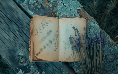 Lavenders laying next to an open vintage notebook with copy space