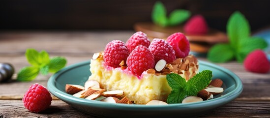 A slice of cake with raspberries and almonds on a plate