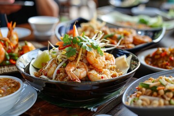 Various Thai dishes with shrimp pad thai and panang curry