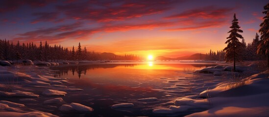 Fototapeta premium Sunset gleaming on icy lake amidst snow-capped trees