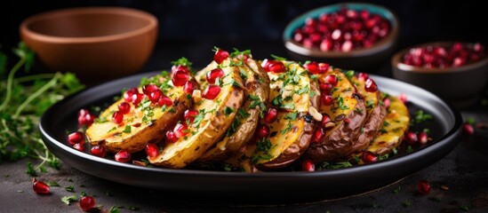Plate of seasoned potatoes with fresh pomegranate and parsley