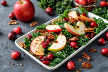 Vegan salad with apple cranberry kale pecan on plate