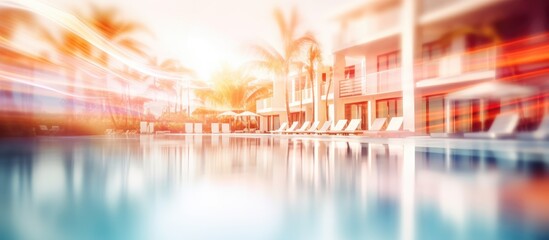 Blurred pool area with lounge chairs and palm trees - 782242600