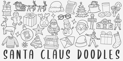 Santa Claus doodle icon set. Christmas Holidays Vector illustration collection. North Pole Banner Hand drawn Line art style.	
