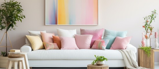 A cozy living room with a white sofa adorned with pastel pillows and a green plant