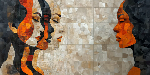 Banner Mosaico con ilustración de Concepto de mujeres multirracial - obrazy, fototapety, plakaty