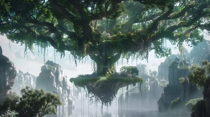 Magical Hanging Gardens Formed by Towering Tree's Enchanting Roots and Branches,Creating a Self-Sustaining Ecosystem in a Lush,Atmospheric Jungle