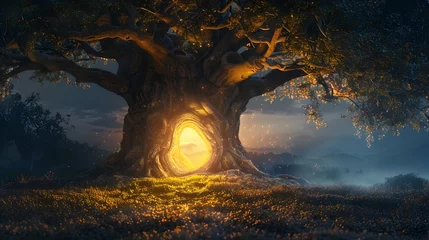 Foto op Canvas Glowing Hollow Tree Serving as a Cozy Sanctuary Amidst the Ethereal Woodland Landscape © pkproject