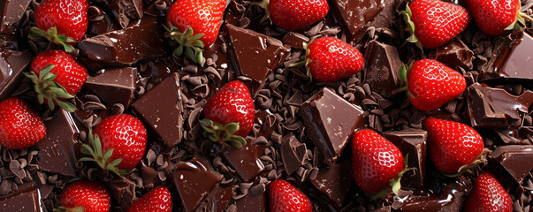 Strawberries and chocolate pieces with chocolate shavings