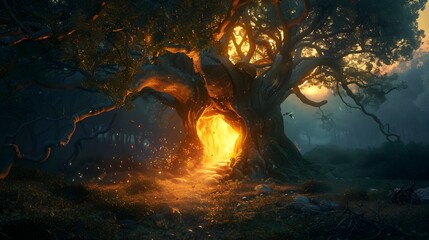 A Glowing Tree Sanctuary Offering Hope and Refuge in the Enchanting Forest - obrazy, fototapety, plakaty