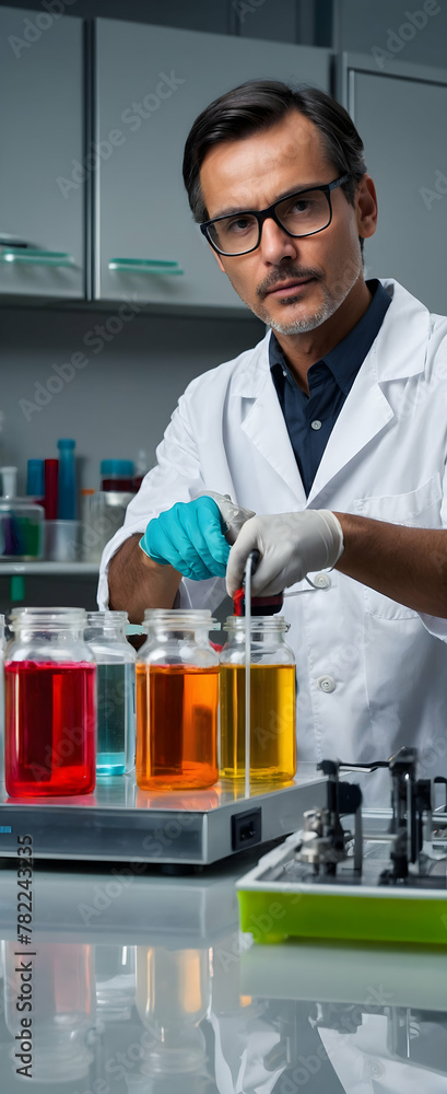 Poster science teacher conducting experiments in lab setting: candid daily environment and routine of work