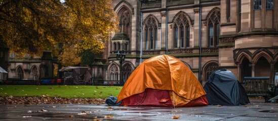 Homeless person's tent at Bristol's City Council - obrazy, fototapety, plakaty