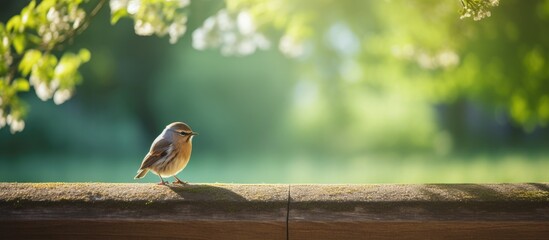 Small bird perched on sunny ledge - obrazy, fototapety, plakaty
