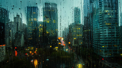 Rainy cityscape seen through a wet glass window