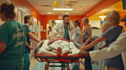 A nurse rushes a stretcher into the emergency room, accompanied by a worried family member