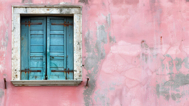 Weathered blue window shutters on a pink cracked wall