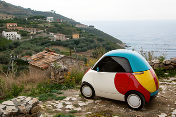 A vibrant electric car is parked on the side of a hill, showcasing eco-friendly transportation. - 782243463