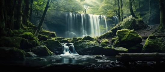 A serene forest waterfall cascading over mossy boulders