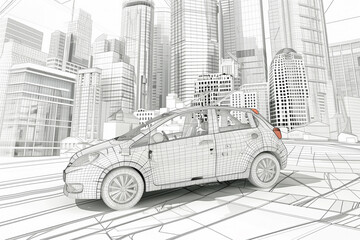An electric car drives through a city with tall buildings, showcasing green energy in an urban environment. - 782243482