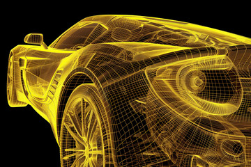 A vibrant yellow electric car stands out against a dark black background. - 782243490