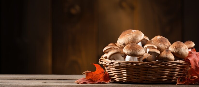 Mushrooms in a basket with foliage on a wooden surface