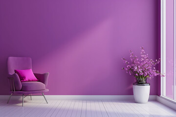 purple armchair in a room, Minimalist interior with a purple velvet armchair and a vase of pink flowers. Modern room with shadows on a violet wall. Interior design and home decor concept.  - obrazy, fototapety, plakaty