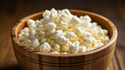  Freshly popped popcorn in a wooden bowl