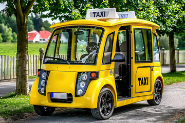 A yellow taxi is parked on the side of the road, representing eco-friendly transportation with its electric vehicle design. - 782243807
