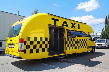 A yellow taxi bus is parked in a parking lot, showcasing its eco-friendly green energy as an electric vehicle. - 782243841