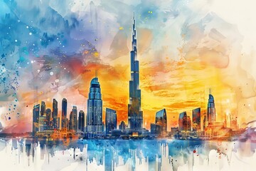 iconic burj khalifa skyscraper capturing dubai skyline watercolor painting - obrazy, fototapety, plakaty