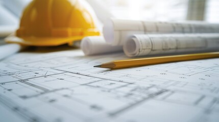 Blueprint floor plan architectural project on the table with yellow helmet and pencil