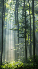 Sunlight filtering through a misty forest