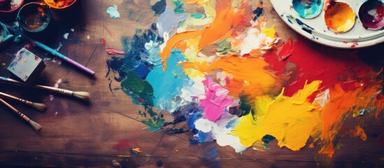 Palette with vibrant paints and brushes on wooden surface - 782243865