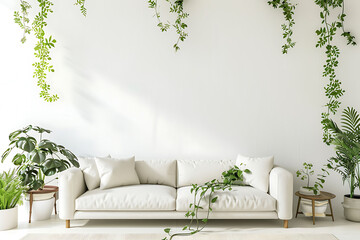 Modern living room interior with white sofa and green hanging plants. Bright and airy space with a minimalist design. Interior design and home decor concept. Design for real estate staging, poster, an