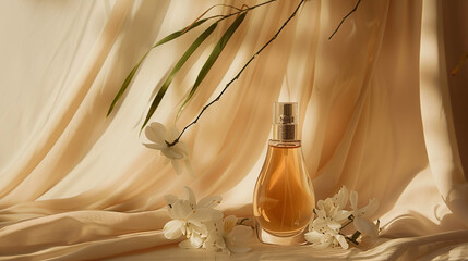 perfume bottle on beige background with flowers
