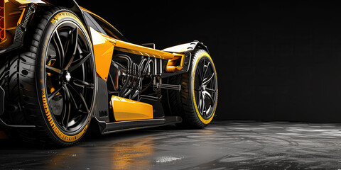 A vibrant yellow and black sports car is parked inside a dimly lit room, showcasing its sleek design against the dark backdrop. - obrazy, fototapety, plakaty