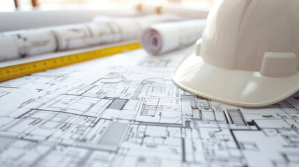 Blueprint floor plan architectural project on the table with yellow helmet and pencil