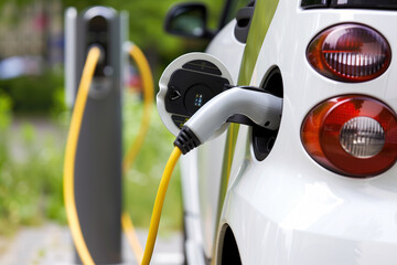 An electric car is plugged into a charging station, receiving an energy boost to power its green and eco-friendly journey. - 782244014