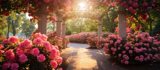 Bench surrounded by blooming flowers on a path