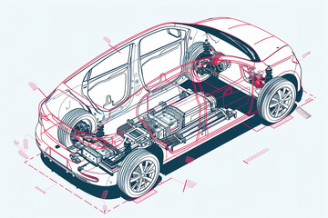 Schematic showing the internal components and systems of an electric car, including batteries, motor, charging port, and control panel. - 782244203