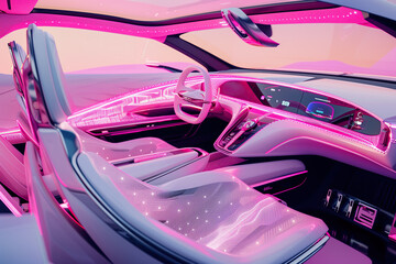 Inside a modern electric car emitting a soft pink light, showcasing the futuristic design and eco-friendly features.