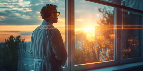 Thoughtful Doctor Gazing Out Window at Sunset Horizon Seeking and Direction for the Future