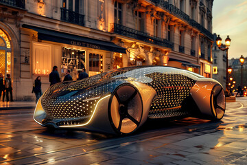 A sleek green electric car with futuristic design parked on the side of a bustling city street. - 782244286
