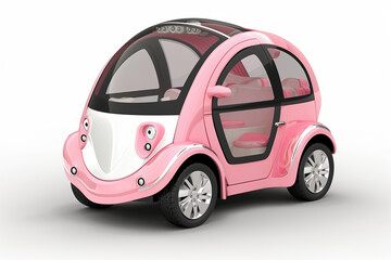 A tiny pink and white electric car stands on a plain white background, showcasing its eco-friendly design. - 782244295